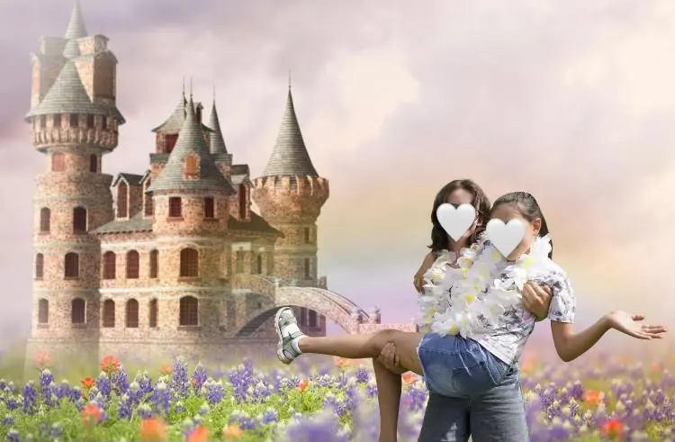 Dieťa na fotografii pred rozprávkovým zámkom